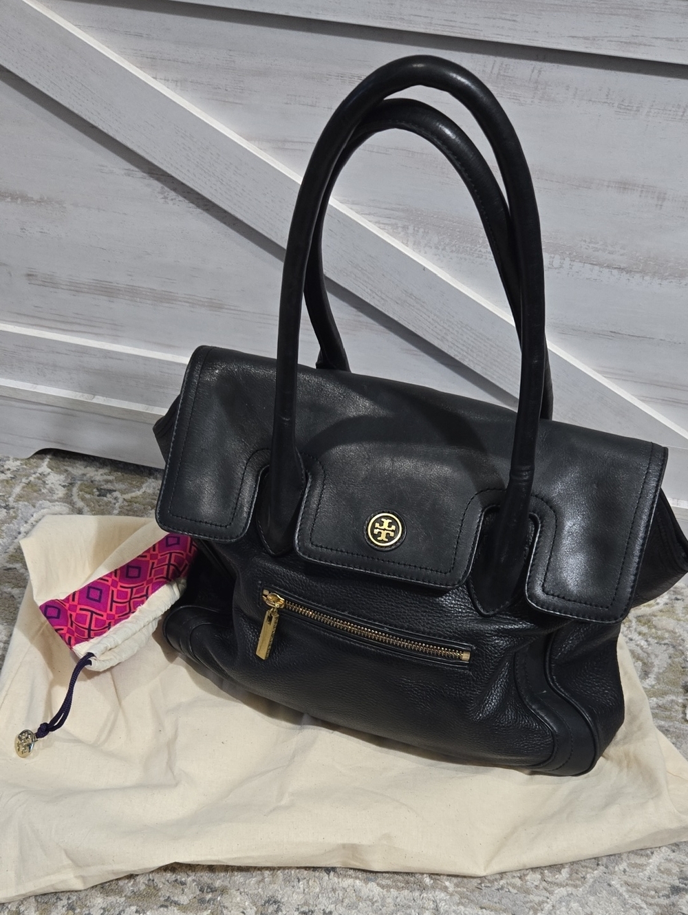 Tory Burch Black Leather Satchel with Gold Hardware